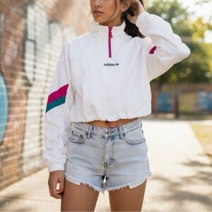 Adidas Women's White Hoodie with Pink and Teal Accents